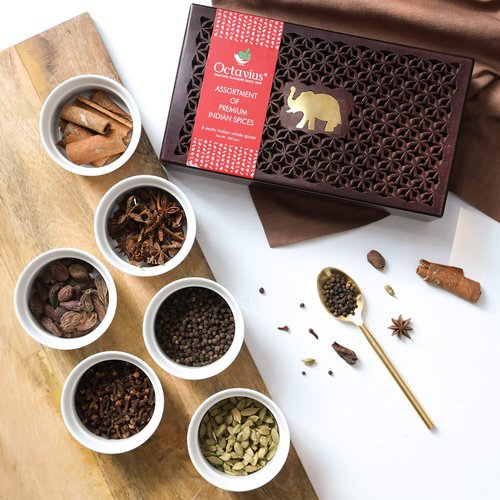 Octavius Wooden Spice Box | Assortment of 6 Spices - Clove/Cinnamon/Cardamom/Black Pepper/Star Anise/Black Cardamom | Wooden Masala Box | Pack of 1 w/ 6 Spices (300gm each)