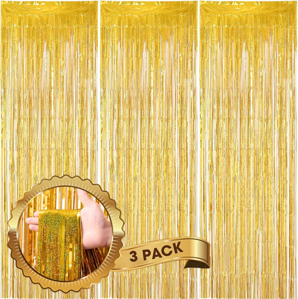 Voircoloria 3 Pack Laser Gold Foil Fringe Backdrop Curtains - 3.3 x 8.2 ft Tinsel Streamers for Parties