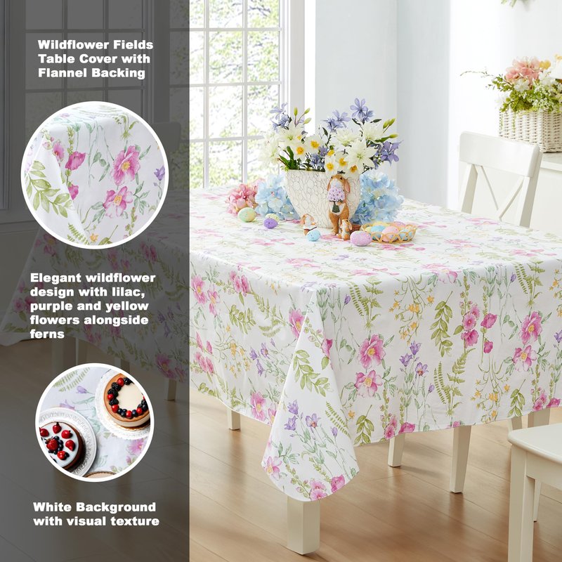 Newbridge Wildflower Fields Floral Vinyl Flannel Backed Tablecloth, 60 x 84 Inch Rectangle, Pink and Purple Wild Flowers Easy Care Vinyl Tablecloth with Flannel Backing for Holiday Party