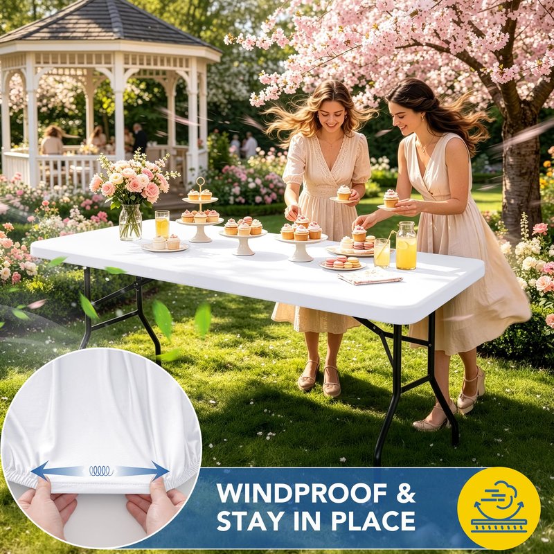 Enjoyidea Fitted Tablecloth for 6 Foot Rectangle Tables-4 Pack White Elastic Outdoor Picnic Table Cover-Spandex Stretch Folding Table Cloths 6 ft for Camping Dining Room Patio Kitchen Banquet Party