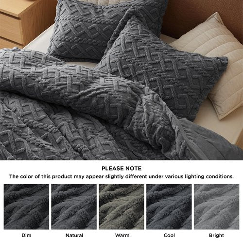 Bedsure Fluffy Flannel Duvet Cover Set - Faux Fur Comforter Cover Queen Size, Dark Grey Warm Plush Bedding for Winter, 3-Piece Set with Zipper Closure (90"x90") and 2 Pillow Shams
