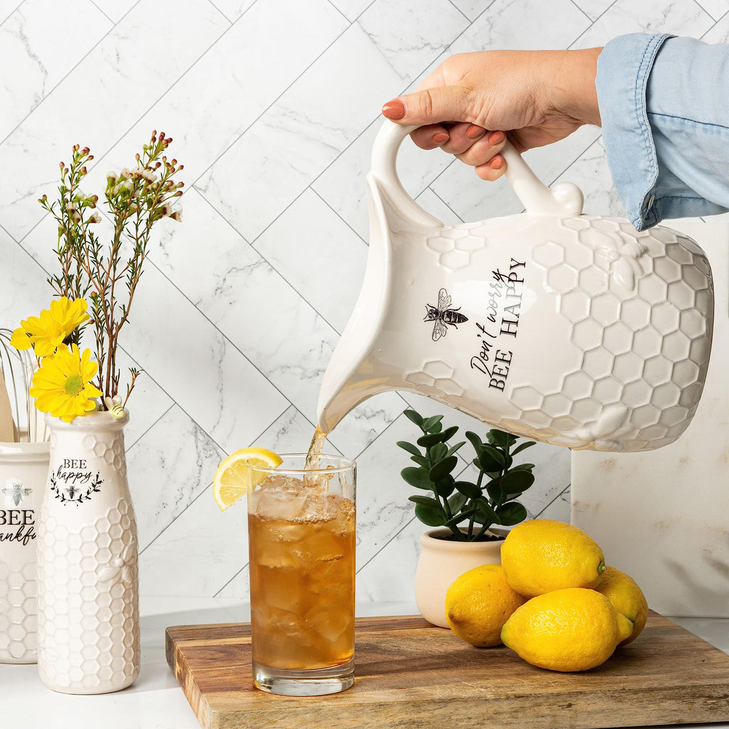 Young's Inc. Ceramic Water Pitcher - Large Serving Pitcher for Iced Tea, Coffee, and Cold Drinks - Ideal for Family Gatherings, Dinner Parties, and Brunches - 9" x 9" x 10" - Don't Worry Bee Happy