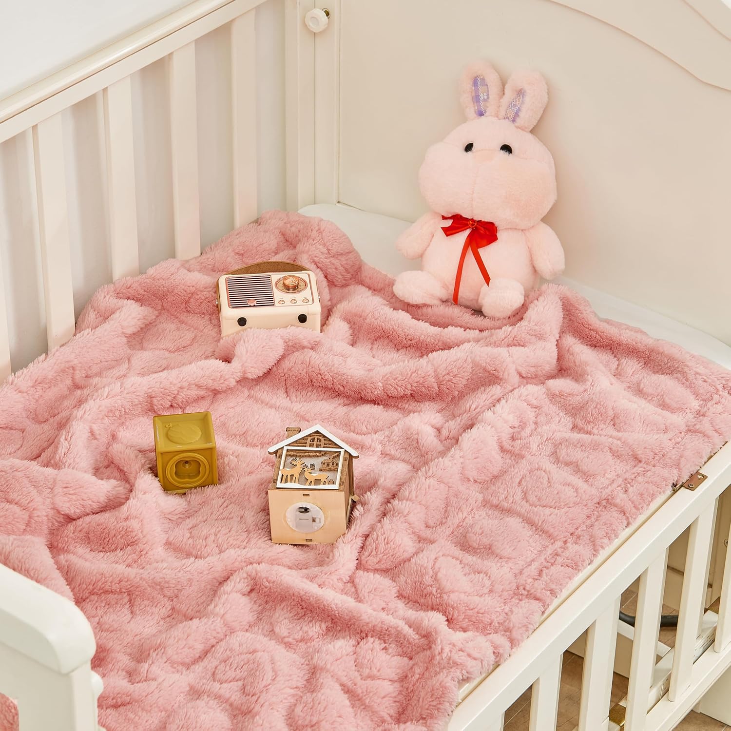 Yurhap Fleece Baby Blanket - Ultra Soft Heart Checkered Design for Girls & Boys | 30”×40” Dark Pink