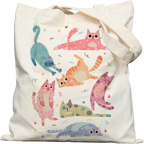 DYALE Cute Tote Bag Double-Sided Prints with Snap Closure, Gifts for Cat Lovers, Cute Cat Themed Canvas Tote Bag with Inner Pocket for Shopping, Library, Work, Travel