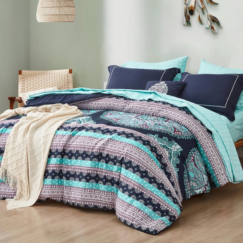 Degrees of Comfort Teen Twin Complete Comforter Sets for Girls, Boho Medallion Tween Bed in A Bag 6 Piece, Blue Microfiber Bedding Set with Sheets, Matching Decorative Pillow
