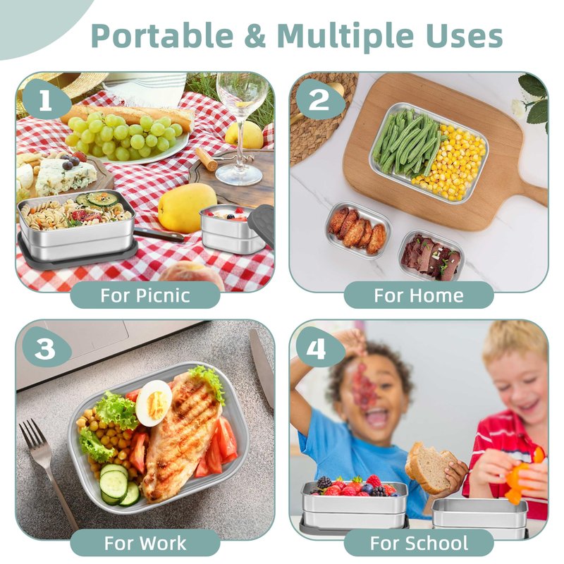 HaWare 8oz*2+25oz Stainless Steel Lunch Box for Kids, Leak Proof Lunch Containers with Silicone Lids, Easy Open Food Storage Container for School and Daycare, Portable Metal Bento Box, Dishwasher Safe