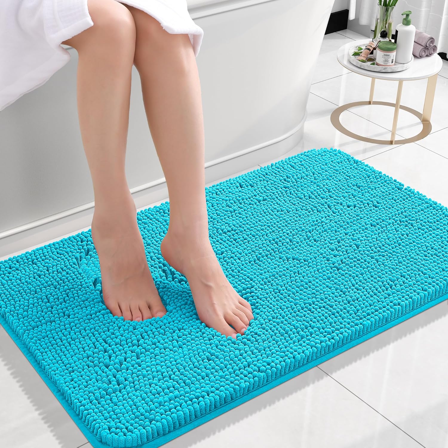 OLANLY Bath Rugs - Extra Soft Chenille, Quick Dry & Absorbent | 24x16 Inches, Aqua Sky Color
