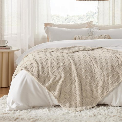 Bedsure GentleSoft Throw Blanket - Cozy Checkered Fleece for Couch & Bedroom Decor | Beige, 50x60 Inches
