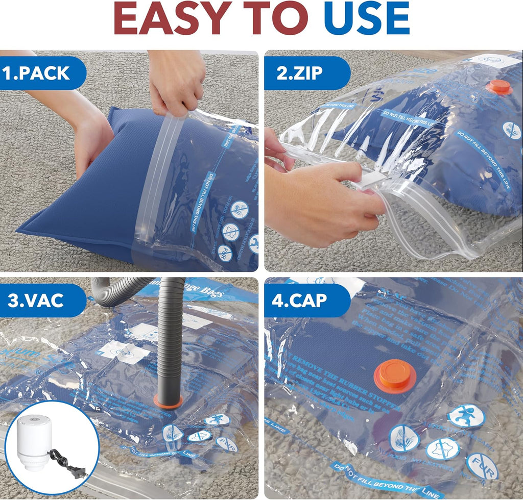 Skiennix Vacuum Seal Bags - Space-Saving Storage for Clothes, Blankets & Pillows | 24-Pack with Electric Pump