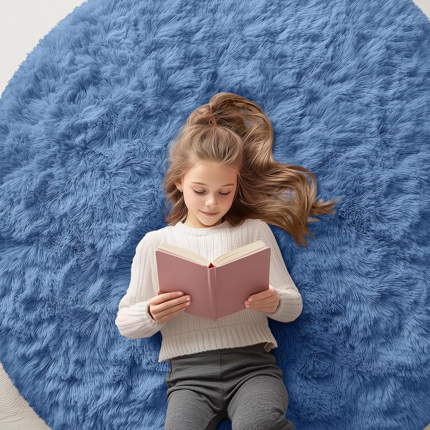 OLANLY Blue Round Area Rug - Soft, Fluffy, Machine Washable 5 ft Circle Carpet for Bedroom & Living Room Decor