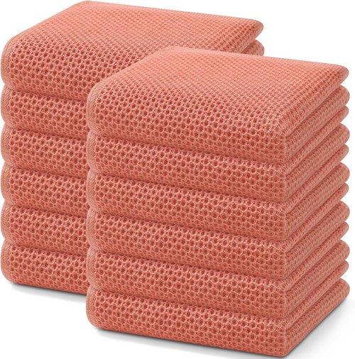 Homaxy Kitchen Dish Towels - 100% Cotton Waffle Weave, Ultra Soft & Absorbent, 13 x 28 Inches, 12-Pack, Coral