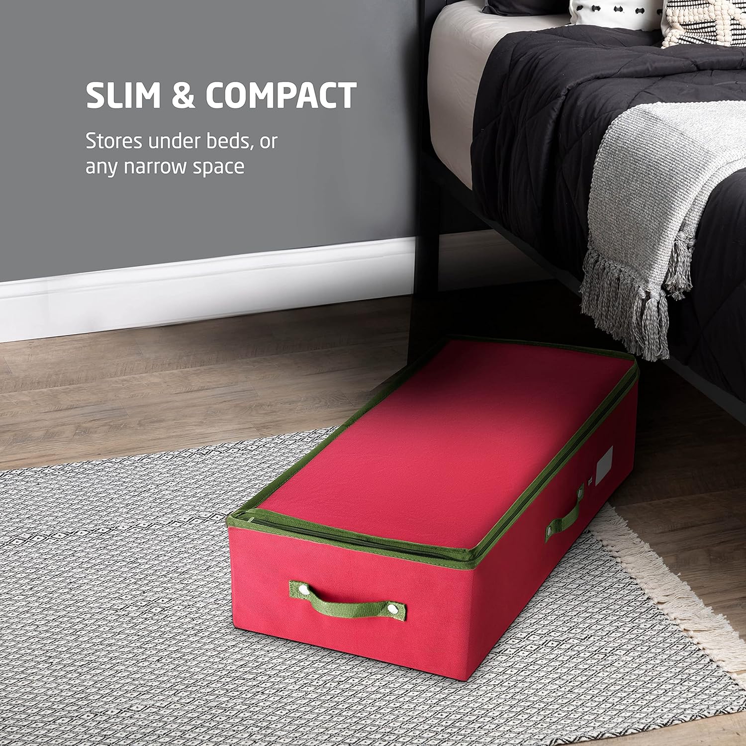 ZOBER Christmas Ornament Storage Box - Holds 64 3" Ornaments with Dividers - Durable Tear-Proof 600D Oxford Fabric - Red