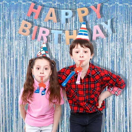 Blue Tinsel Curtain Streamers by [Brand Name] - Foil Fringe Party Backdrop for Engagements & Birthdays | 2 Pack, 3.3×8.3ft