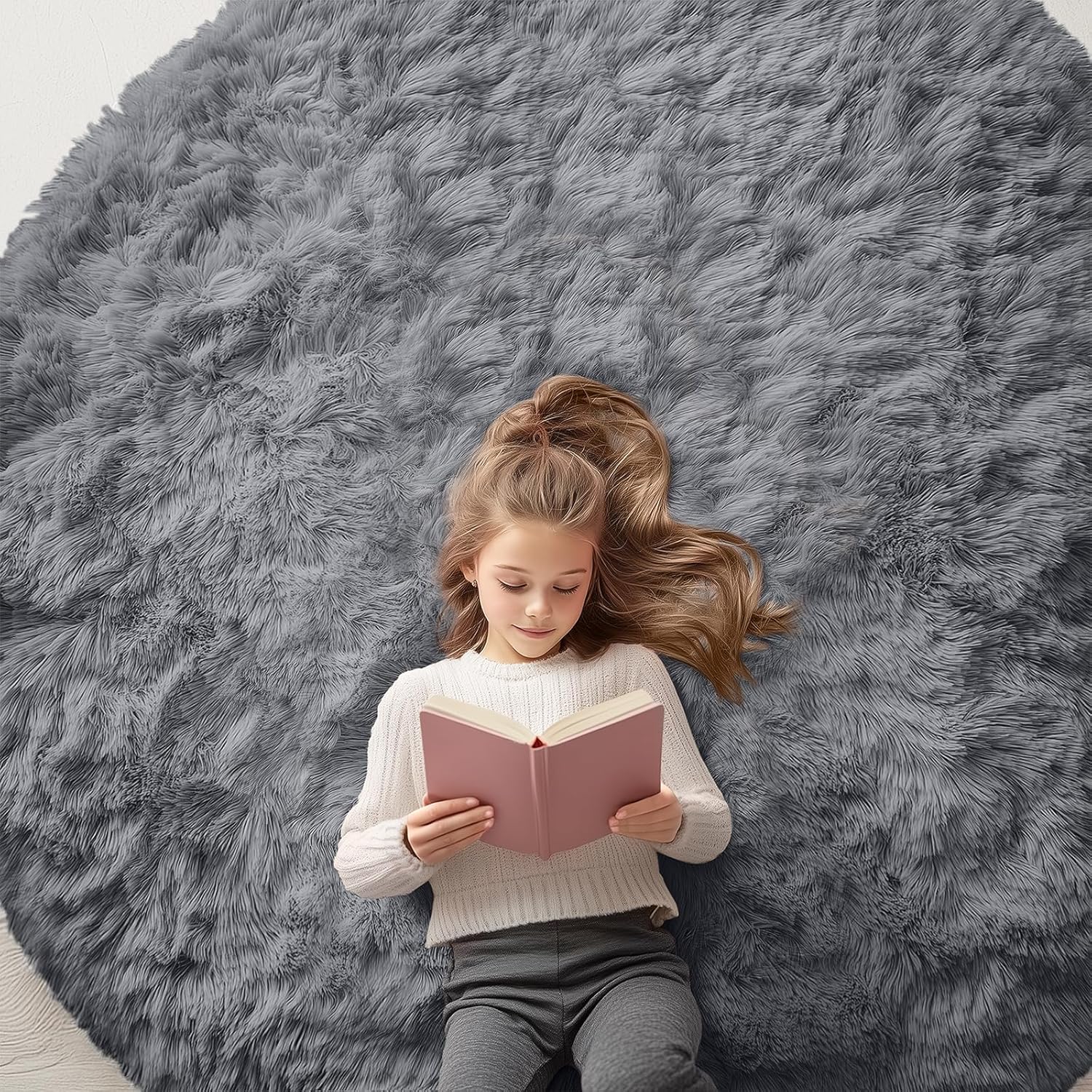 OLANLY Grey Round Area Rug - Soft, Fluffy, Machine Washable 6 ft Circle Carpet for Bedroom & Living Room Decor