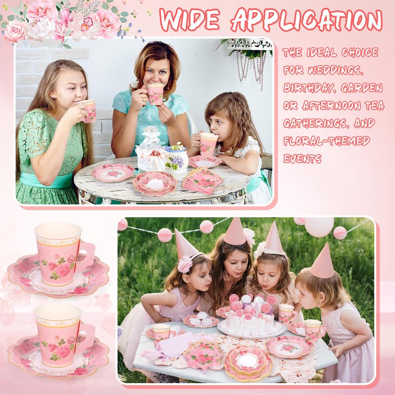 Kochorie 96 Pieces Floral Paper Tea Cups and Saucers 9 Oz Teacups with Handle 9 Inch and 7 Inch Paper Plates Saucers Napkins Disposable Tea Party Supplies Serve 24 for Wedding Baby Shower Party, Pink