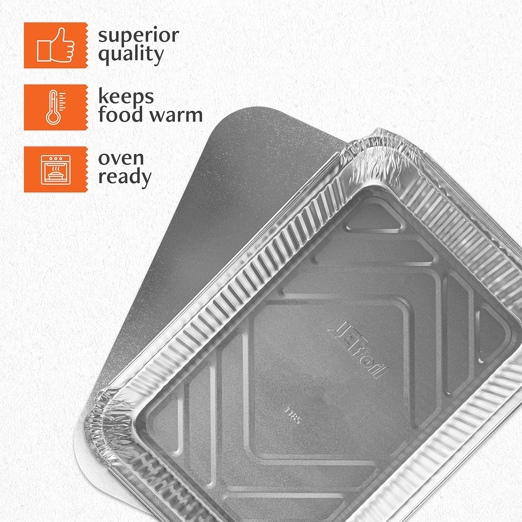 PLASTICPRO Disposable Aluminum Baking Pans - 4 LB Oblong Foil Containers with Cardboard Lids | 12'' x 8'' x 2'' - Ideal for Brownies, Bread, or Lunchboxes, Pack of 5