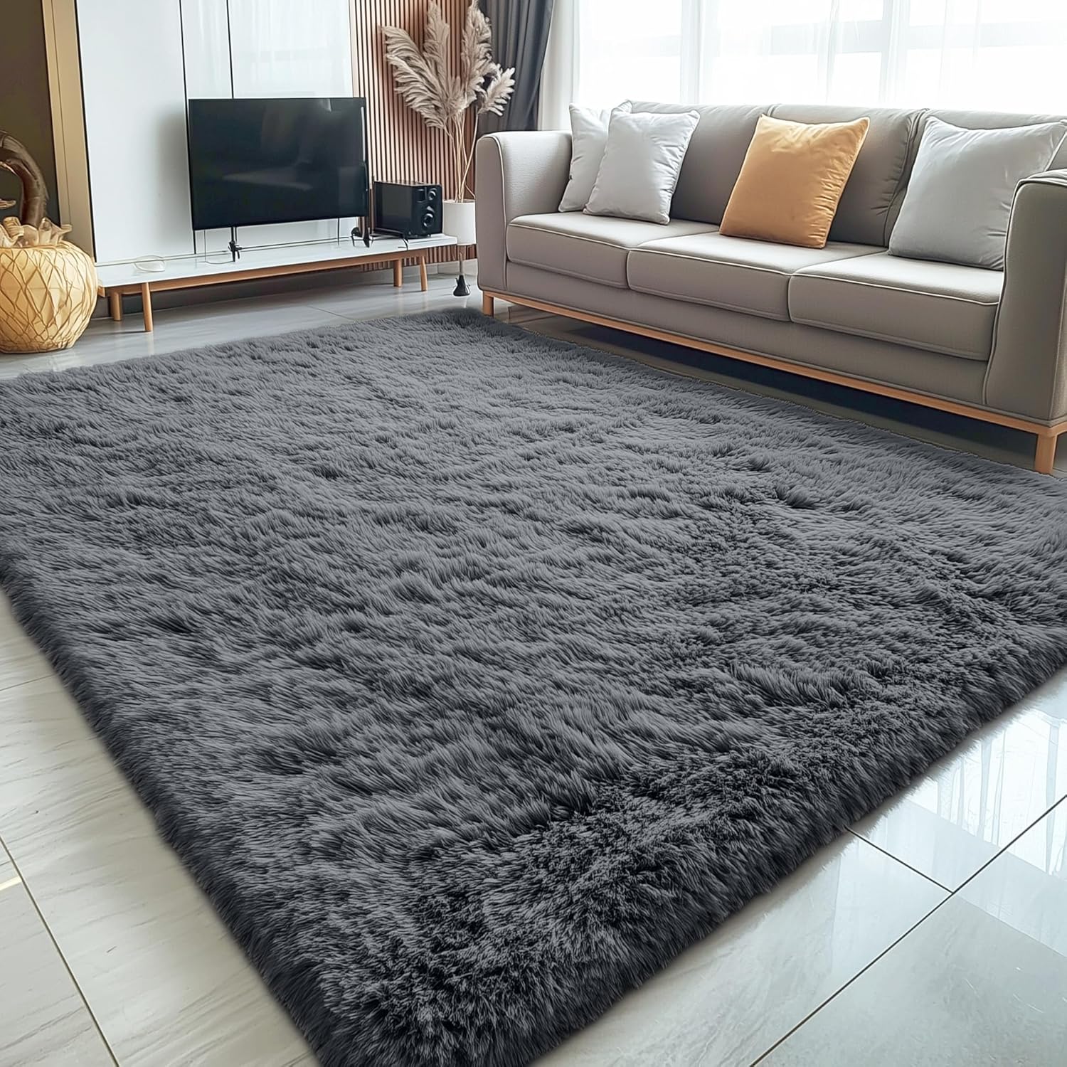 OLANLY Large Area Rug - Soft Fluffy Shaggy Carpet for Living Room & Bedroom | 5x8 Grey Indoor Decor