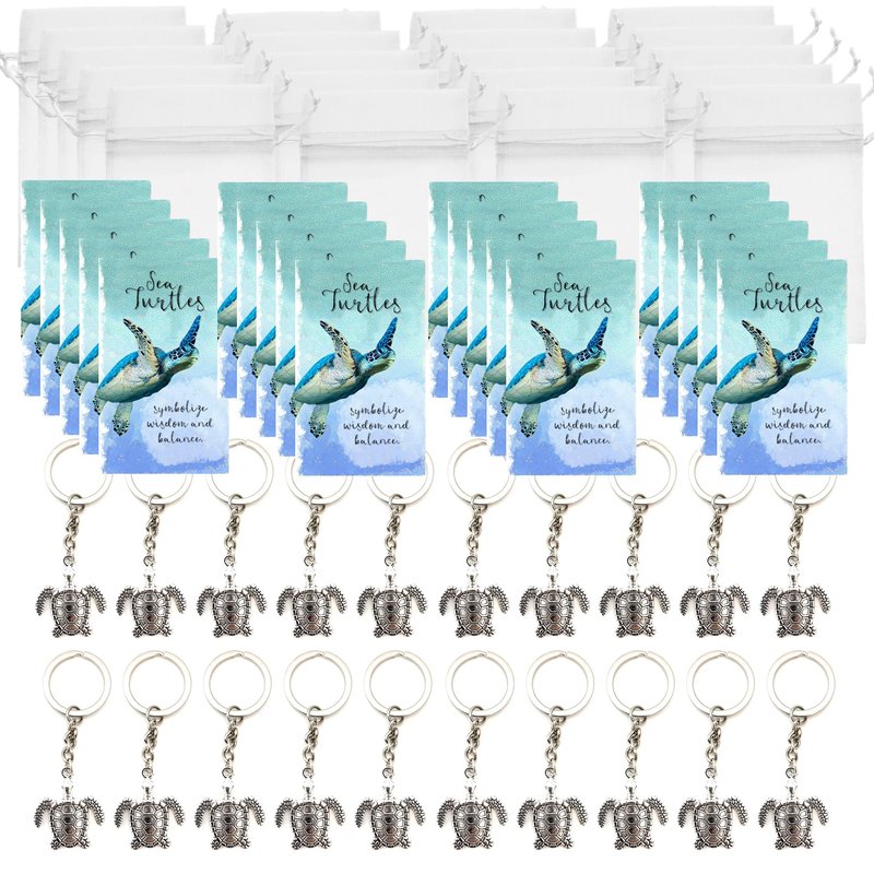 Smiling Wisdom | 20 Bulk Employee Staff Gifts | Mini Appreciation Greeting Cards and Turtle Keychain Gift Sets | 60 Pcs | Silver Sea Turtle