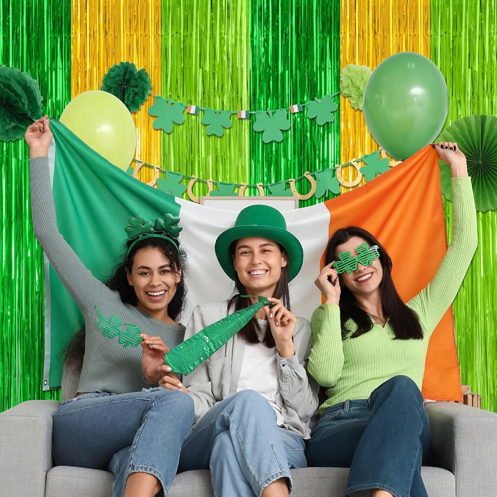 St. Patrick's Day Party Decorations - 2 Pack Green & Gold Metallic Backdrop Curtains | 3.28 FT x 7.05 FT