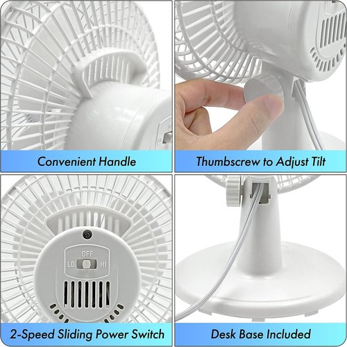 Comfort Zone CZ6D 6" Quiet Portable Desk Fan - 2-Speed with Adjustable Tilt | White Color