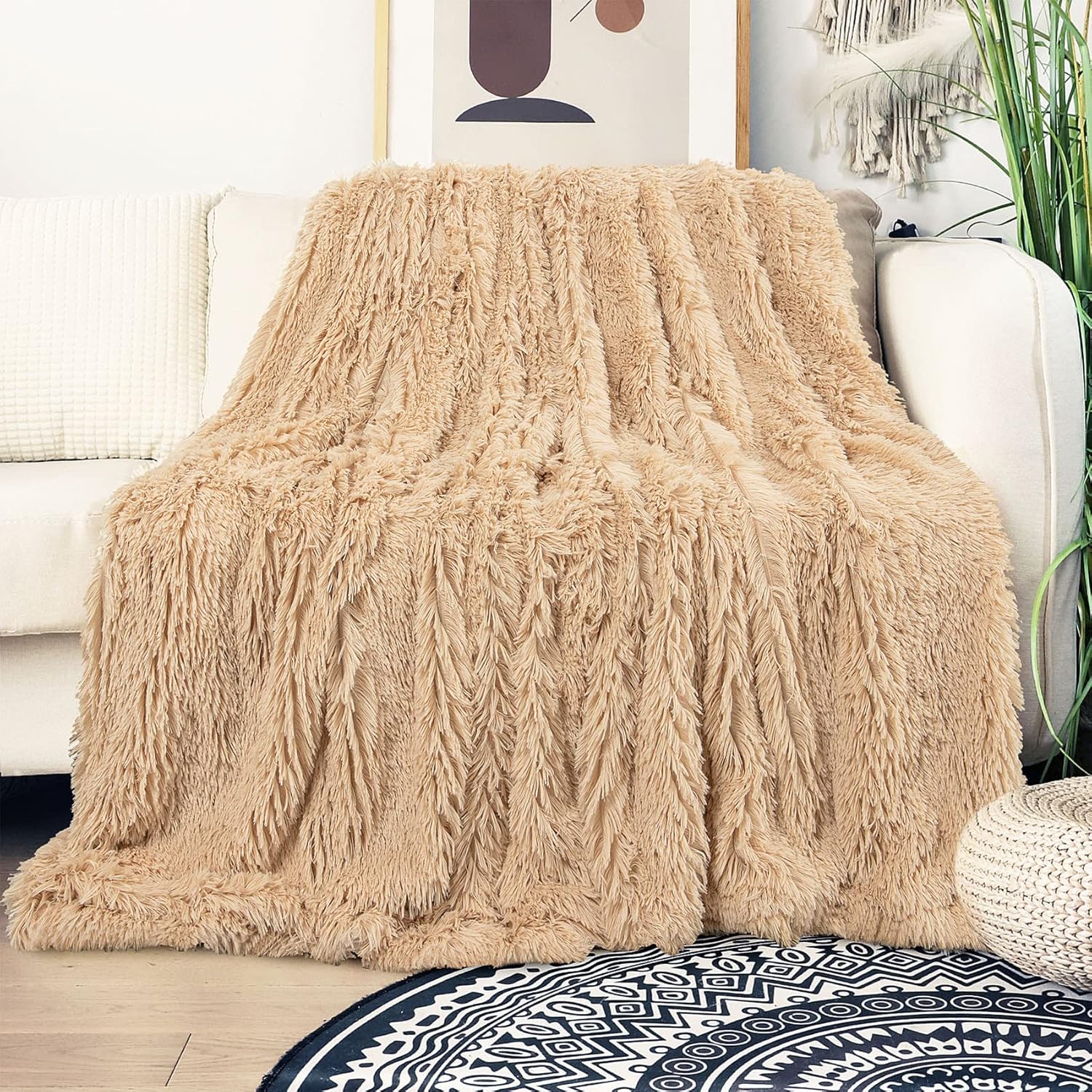 Tuddrom Faux Fur Throw Blanket - Extra Soft & Cozy Reversible Design | 50"x60" in Apricot