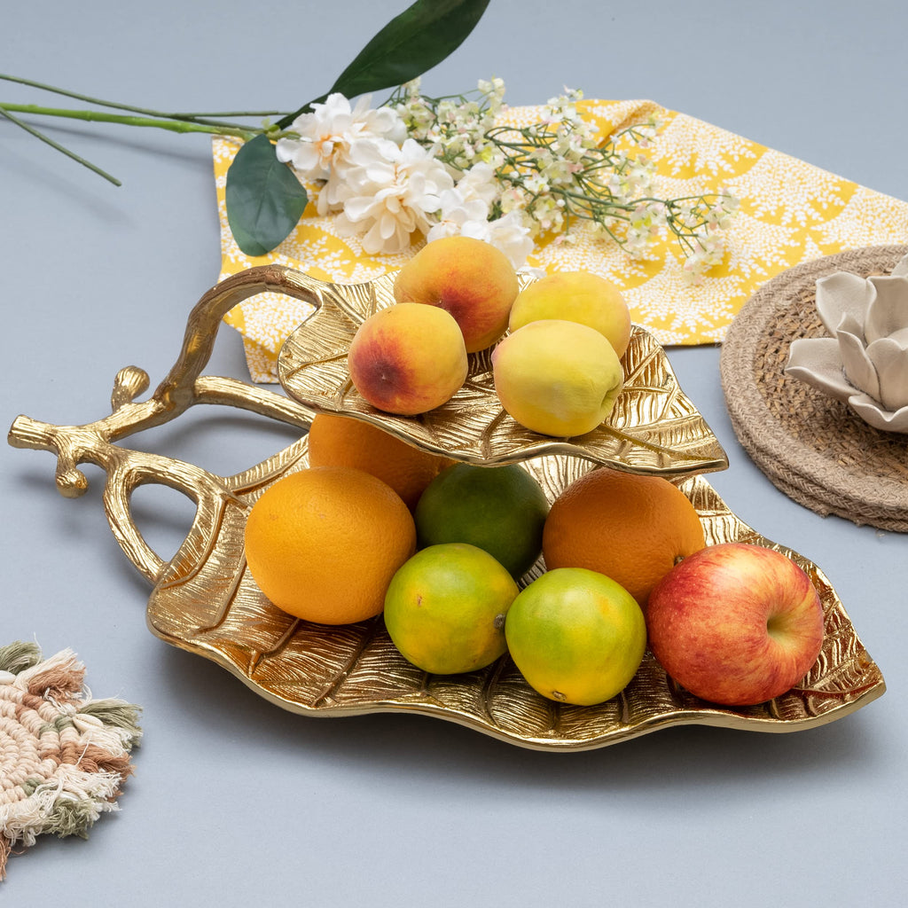 GUTE Large Decorative Gold Leaf 2 Tier Serving Centerpiece Tray for Fruits, Appetizers, Meat, Fish, Cakes Hors D'vour, Fruit Catch All Golden Leaves Vine, Stainless Brass, Home Decor 18" Long -