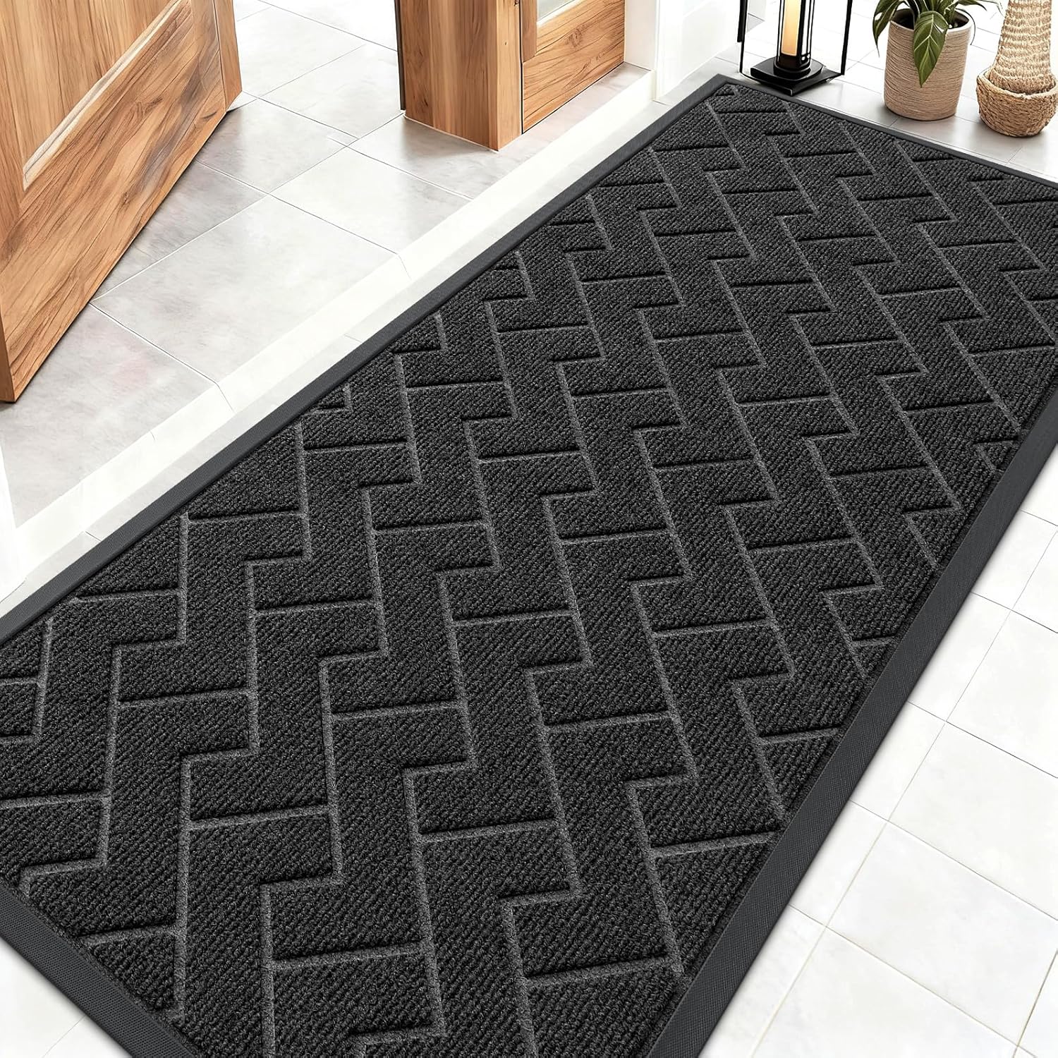 OLANLY Waterproof Front Door Mat - All-Season Indoor/Outdoor Doormat | Sturdy Natural Rubber, Herringbone Brick (Black, 59x23)