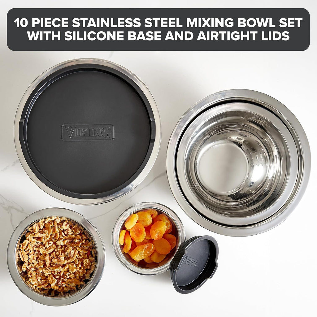 Viking Mixing Bowls Set - 10 Piece Stainless Steel Cookware with Non-Slip Silicone Base & Lids | Black