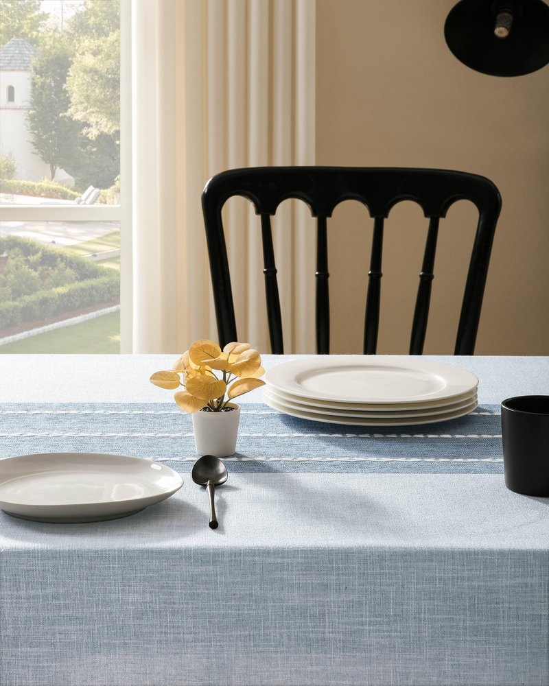 ZeeMart Contrast Linen Round Tablecloth 60 Inch Blue, Farmhouse Style Round Table Cloth Heavy Weight Dusty Blue Tablecloths, Water Resistant Burlap Table Cloths