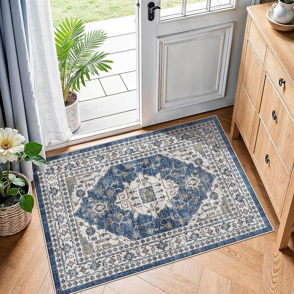 Skiennix Vintage Area Rug - Washable Indoor Soft Entryway Mat with Non-Slip Backing | 2x3, Blue