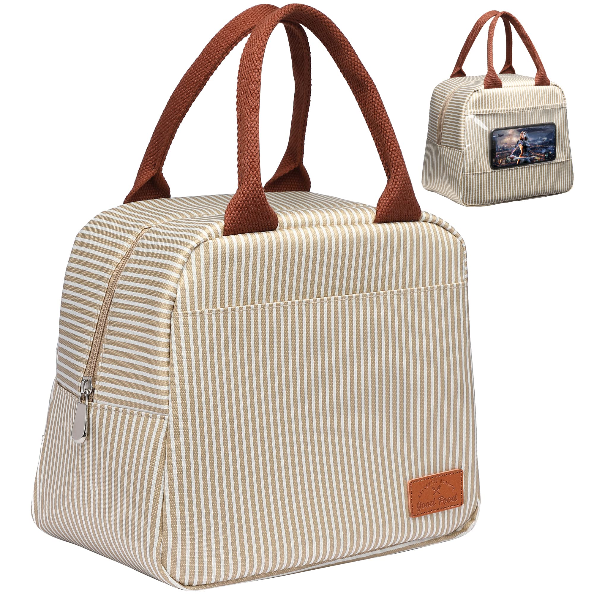 Bagseri Insulated Lunch Bag Women - Lunch Bag for Women Men Reusable Lunch Box Leakproof Thermal Cooler Sack Food Handbags Case High Capacity for Work and Picnic (Khaki White Stripe)