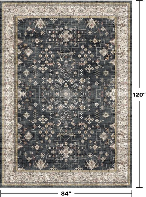 Hazo Haus Black Farmhouse Area Rug - Washable 7x10 ft, Stain Resistant, Non-Slip | Ideal for Living Room, Bedroom, Dining Room