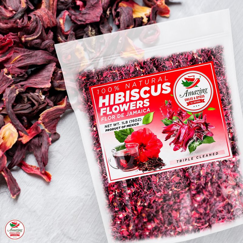 Hibiscus Flowers 2lb (32oz) – All Natural, Triple Cleaned - Whole Soft Flowers and Petals - Flor de Jamaica. Great for Hot or Iced Tea and Agua Fresca. By Amazing Chiles and Spices