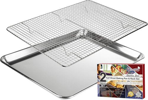 KITCHENATICS Aluminum Baking Pan - Half Sheet with Wire Rack | 13 x 18 Heavy-Duty Baking Tray