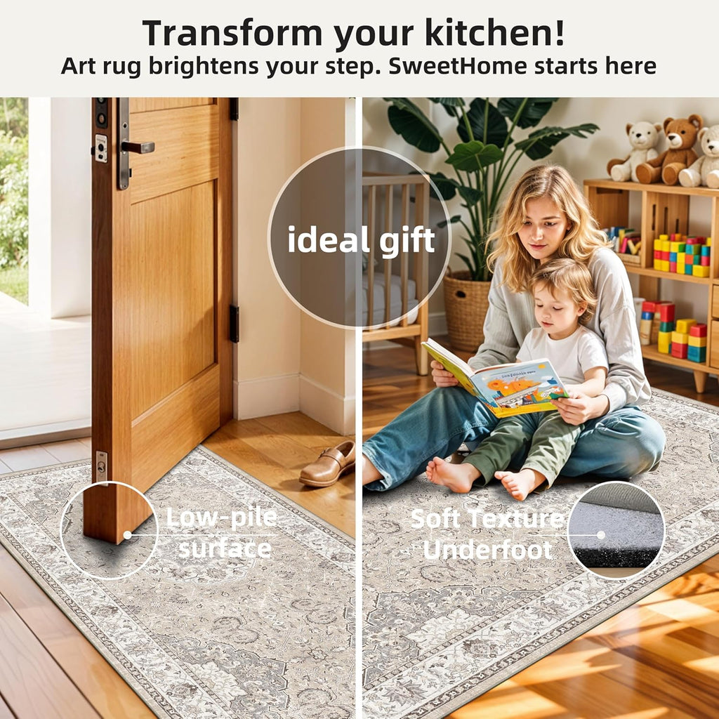 Skiennix Kitchen Runner Rug Set - Washable Non-Slip Floor Mats for Sink & Stove | Soft Low Pile, Water-Resistant, Beige (2x3 + 2x4)