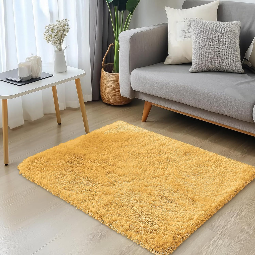 OLANLY Soft Fluffy Shaggy Small Bedside Rug - 3x5 Machine Washable Mustard Yellow Carpet for Kids & Nursery