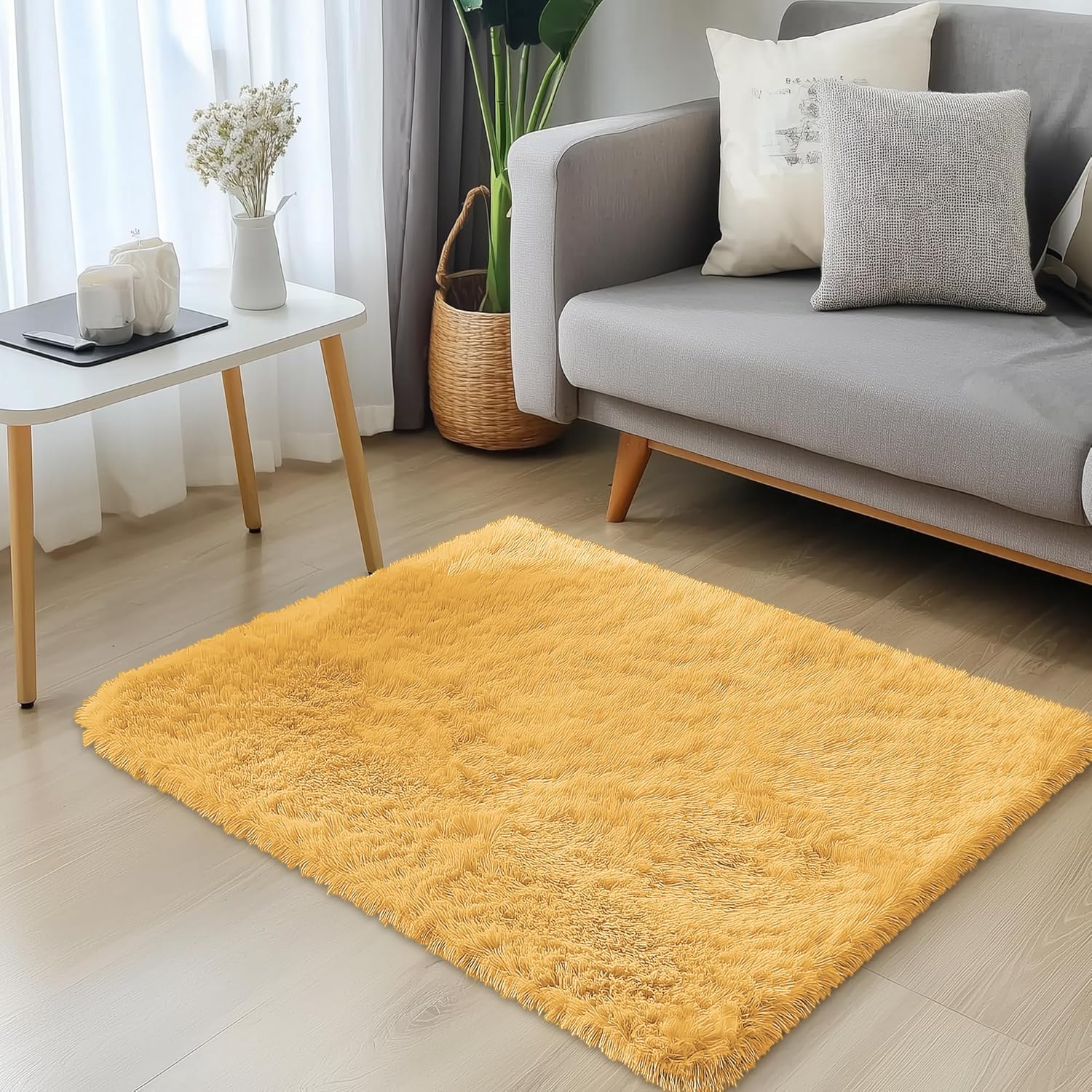 OLANLY Soft Fluffy Shaggy Small Bedside Rug - 3x5 Machine Washable Mustard Yellow Carpet for Kids & Nursery
