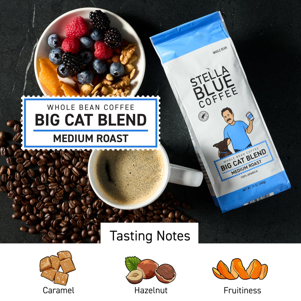 Stella Blue Whole Bean Coffee, Big Cat Blend, Medium Roast Caramel Hazelnut, Fruity Notes 100% Arabica Beans, Ethically Sourced from Central and South America, Smooth Balanced, 12oz Bag