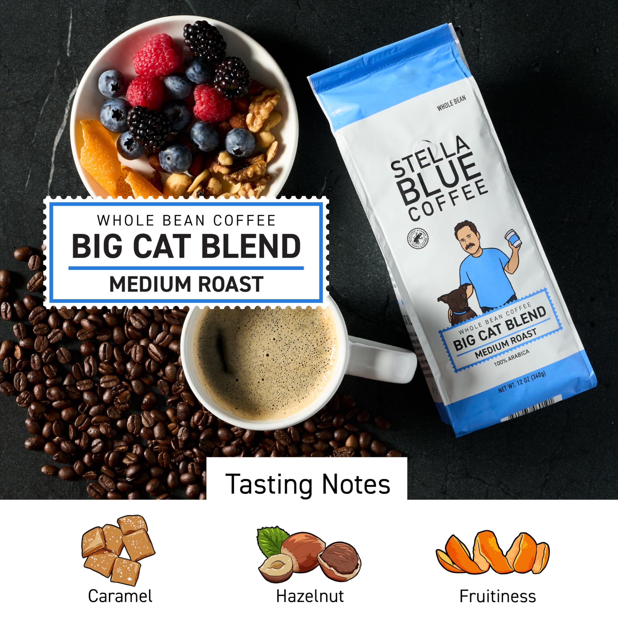 Stella Blue Whole Bean Coffee, Big Cat Blend, Medium Roast Caramel Hazelnut, Fruity Notes 100% Arabica Beans, Ethically Sourced from Central and South America, Smooth Balanced, 12oz Bag