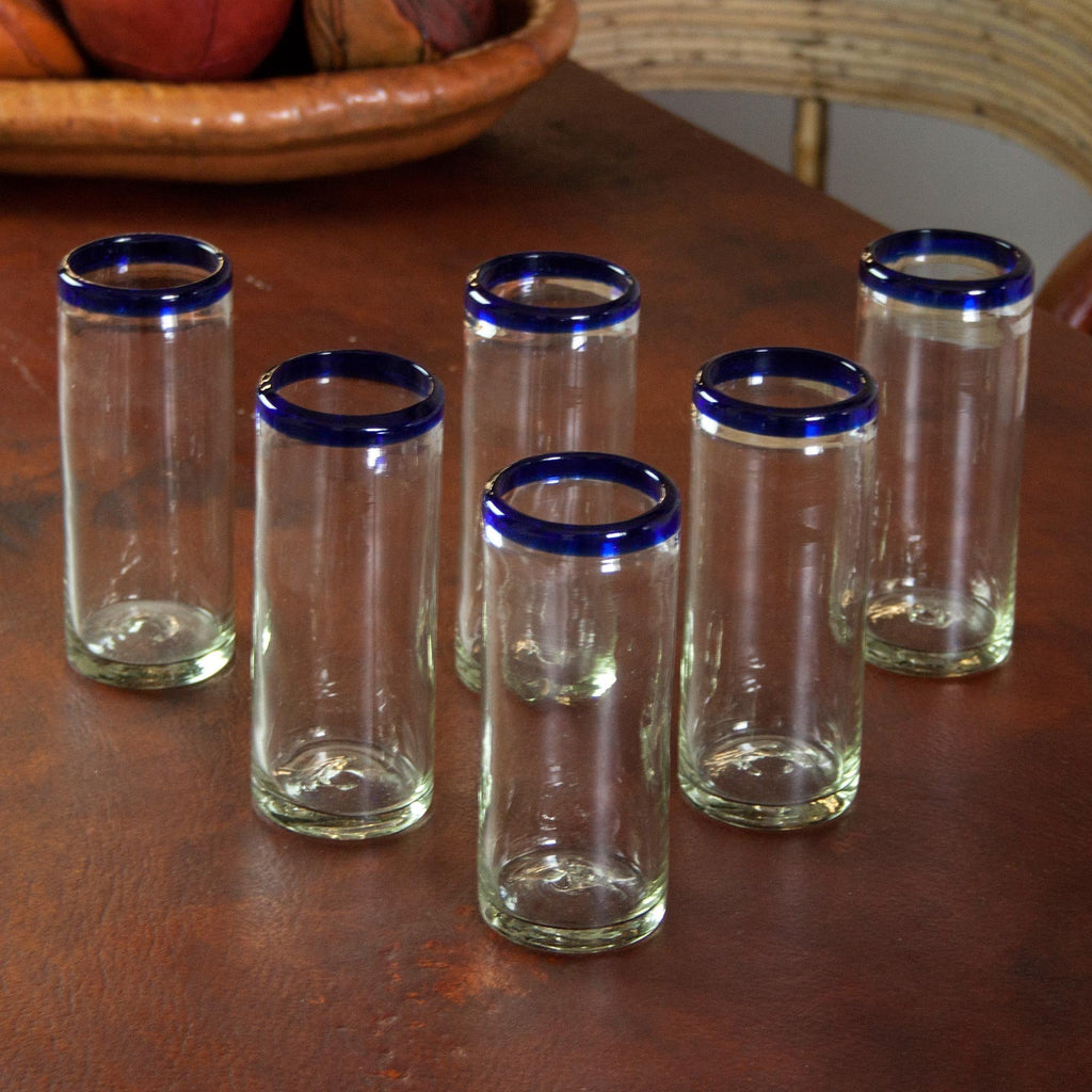 NOVICA Hand Blown Clear Blue Recycled Glass Tall Juice Glasses, 11 Oz 'Cobalt Classics'(Set Of 6)