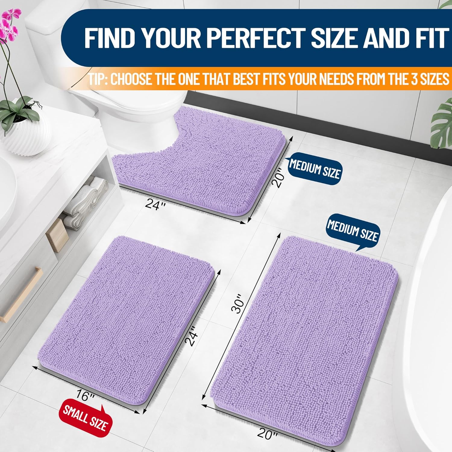OLANLY U-Shaped Toilet Rug - Extra Soft Chenille Bathroom Mat, Quick-Dry & Non-Slip, 24x20 in Lavender