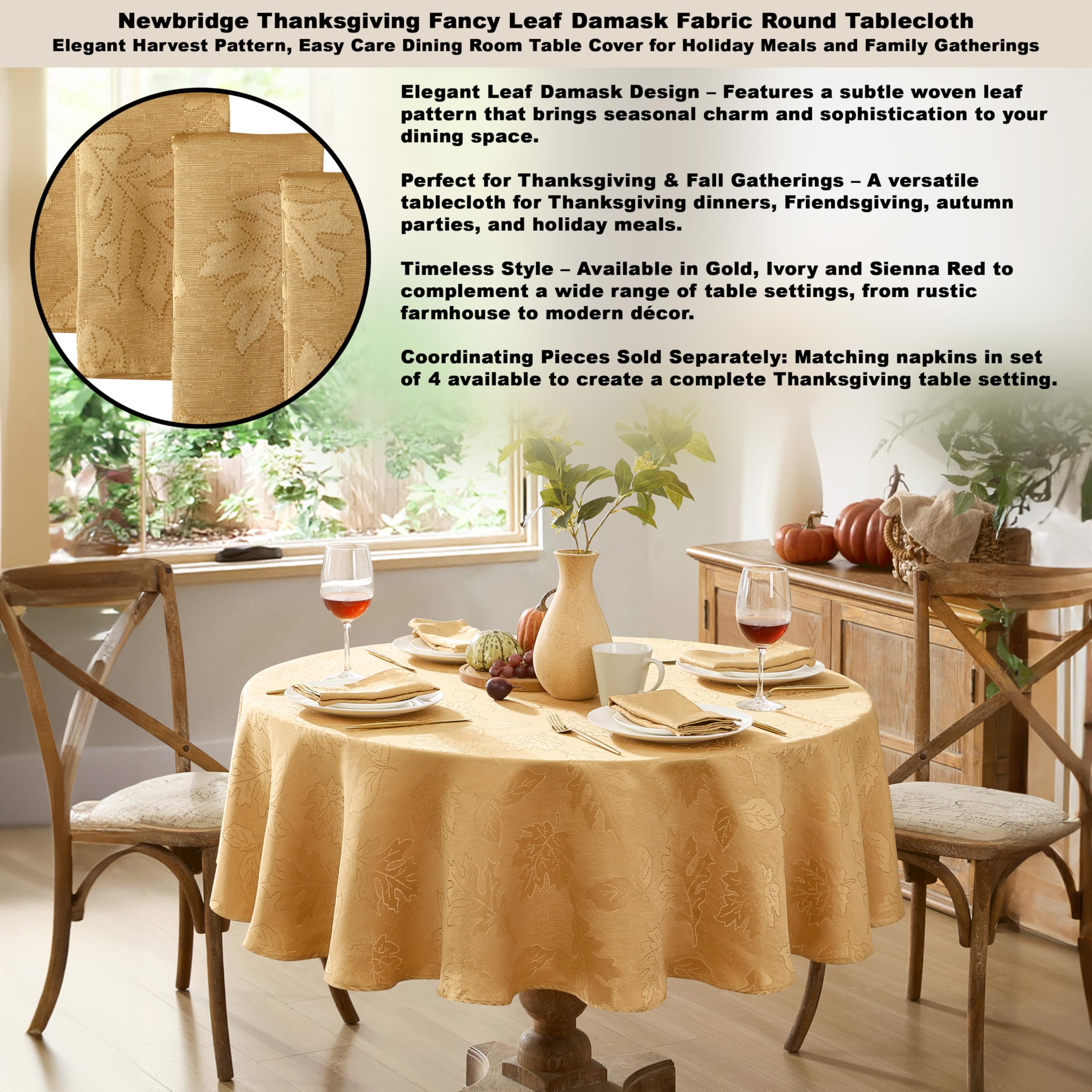 Newbridge Gold Fancy Leaves Damask Fabric Holiday Tablecloth, 70 Inch Round, Elegant Swirling Leaf Pattern, No Iron Soil Resistant Dining Room Party Table Cover