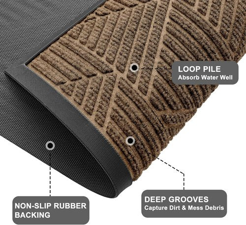Kitinjoy Heavy Duty Rubber Doormat - Sturdy Dirt Trapper with Non-Slip Backing | 29.5x17 Inch, Brown
