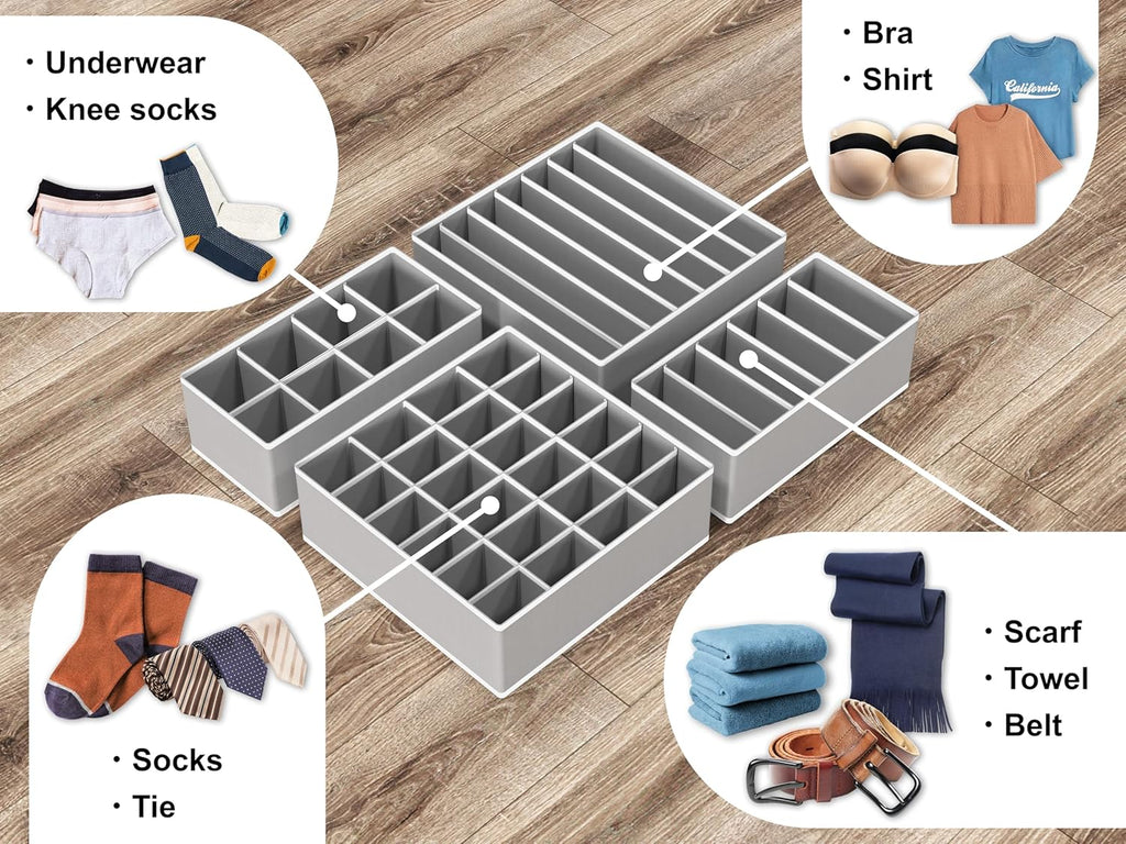 Simple Houseware Drawer Organizer Set - 4-Pack Foldable Closet Dividers for Underwear, Socks, and Accessories - Gray