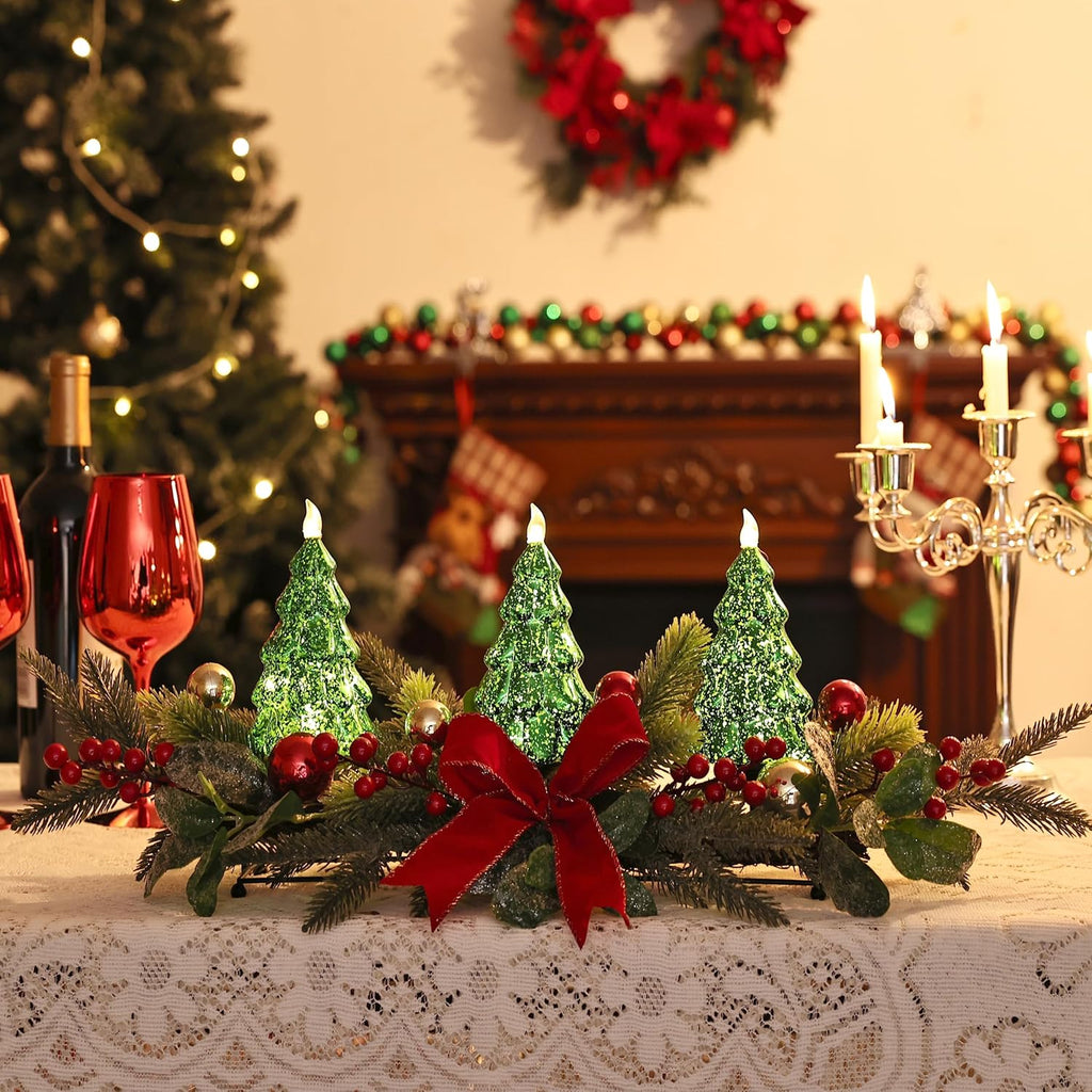 Skiennix Christmas Table Centerpiece - LED Lights, Green Tree Decoration with Red Berries & Balls