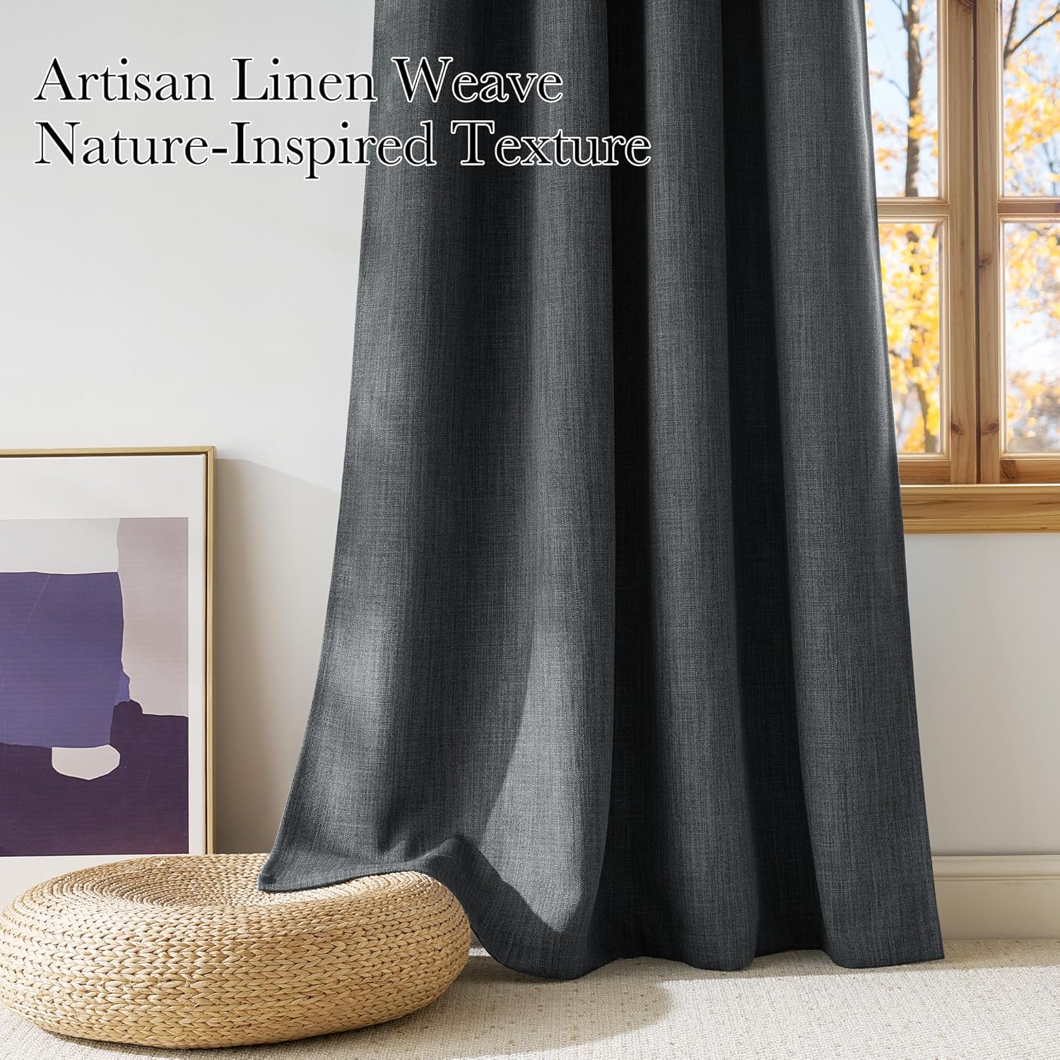 NICETOWN Blackout Curtains - Charcoal Gray Faux Linen Privacy Panels, 63 Inches Long | 2 Panels, Easy Care Grommet Top