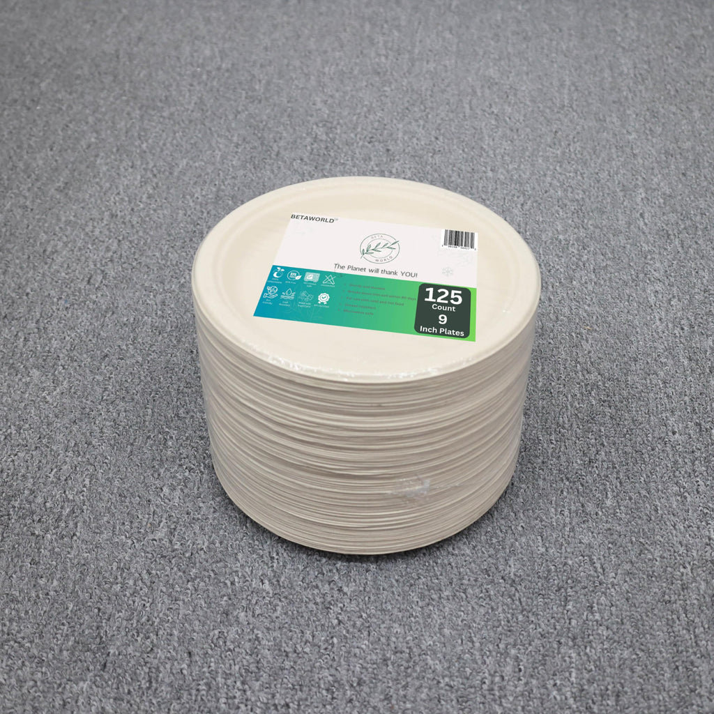 BETAWORLD Compostable Paper Plates 9” – 125 Pack | Heavy Duty Sugarcane Bagasse | Microwave & Leak Proof | Eco-Friendly Disposable Dinner Plates for Party, Wedding, Picnic