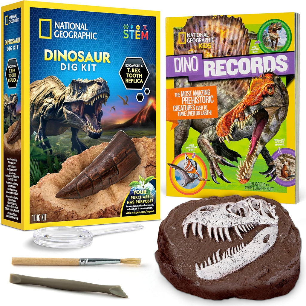 National Geographic Dino Fossil Dig Kit - Excavate Replica Dinosaur Tooth Fossil & Activity Book for Kids