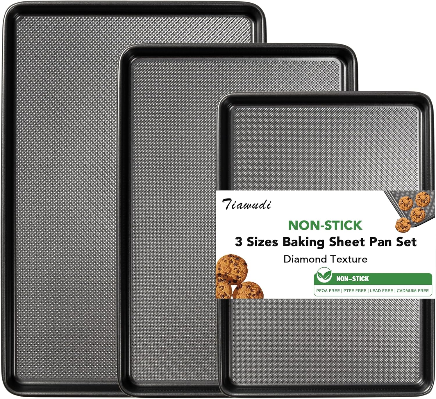 Tiawudi Baking Sheet Pan Set - Heavy Duty Nonstick Cookie Sheets with Diamond Texture | 3-Piece Carbon Steel Set