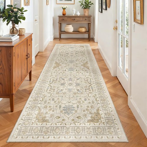 Madane Hallway Runner - Vintage Washable Kitchen Rug | Non-Slip Indoor Area Carpet (3x8, Beige/Blue)
